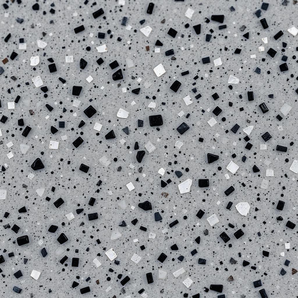 Material sample of gray and black flake epoxy under a clear topcoat
